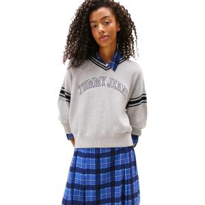 Tommy Jeans womens Medium Weight Pullover V-neck Sweater With Printed Logo(Grey Heather)