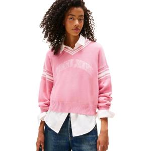 Tommy Jeans womens Medium Weight Pullover V-neck Sweater With Printed Logo(Mystic Pink)