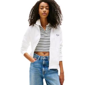 Tommy Jeans womens Medium Weight Zip Up Hoodie With Script Logo and Drawstring(White)