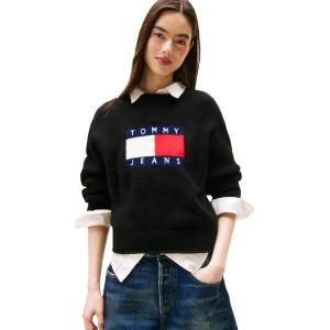 Tommy Jeans womens Wool Blend Pullover Crewneck Sweater With Knit Big Flag Logo(Black Heather)