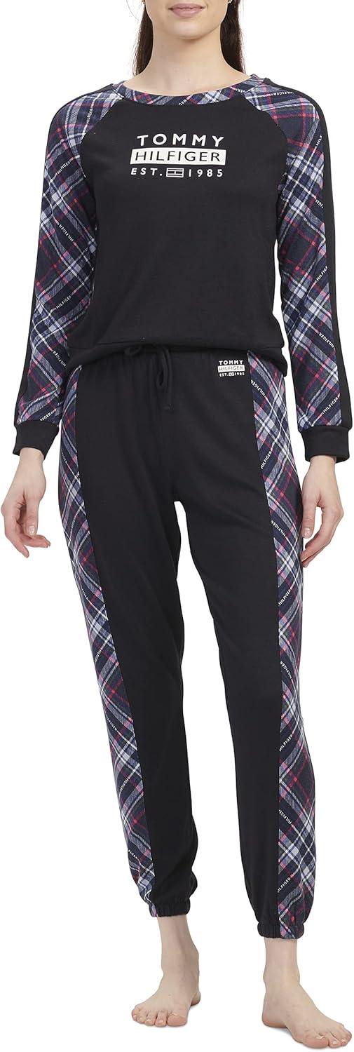 imageTommy Hilfiger Hacci Long Sleeve Top and Jogger Bottom Pant Pajama Set WomensTommy Tartan Logo Plaid