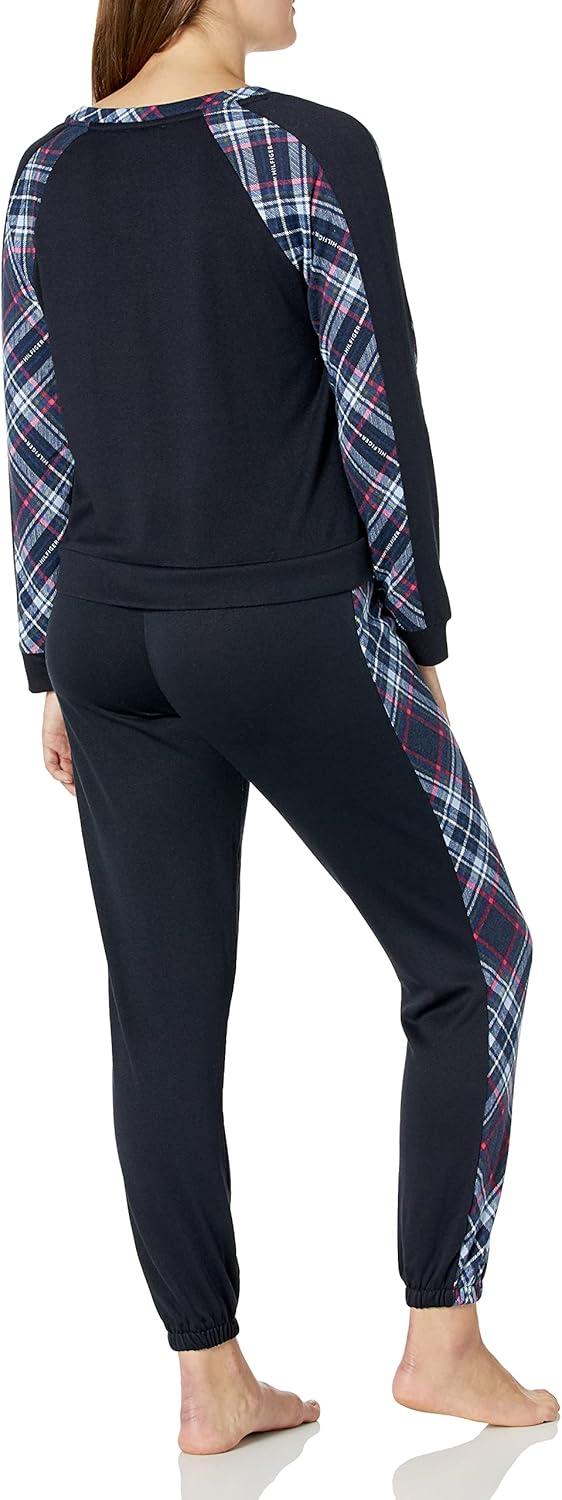imageTommy Hilfiger Hacci Long Sleeve Top and Jogger Bottom Pant Pajama Set WomensTommy Tartan Logo Plaid