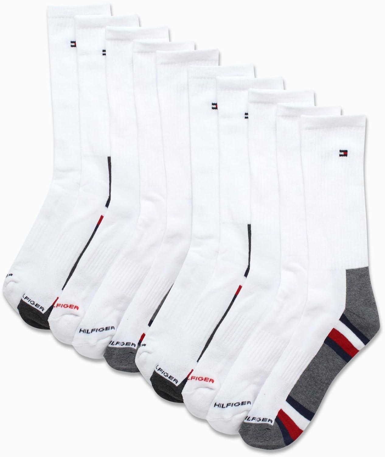 imageTommy Hilfiger Mens Crew Socks 10 Pack Moisture Wicking Cushioned Crew Running Socks for Men for Sports ampamp WorkoutWhiteRed Stripe