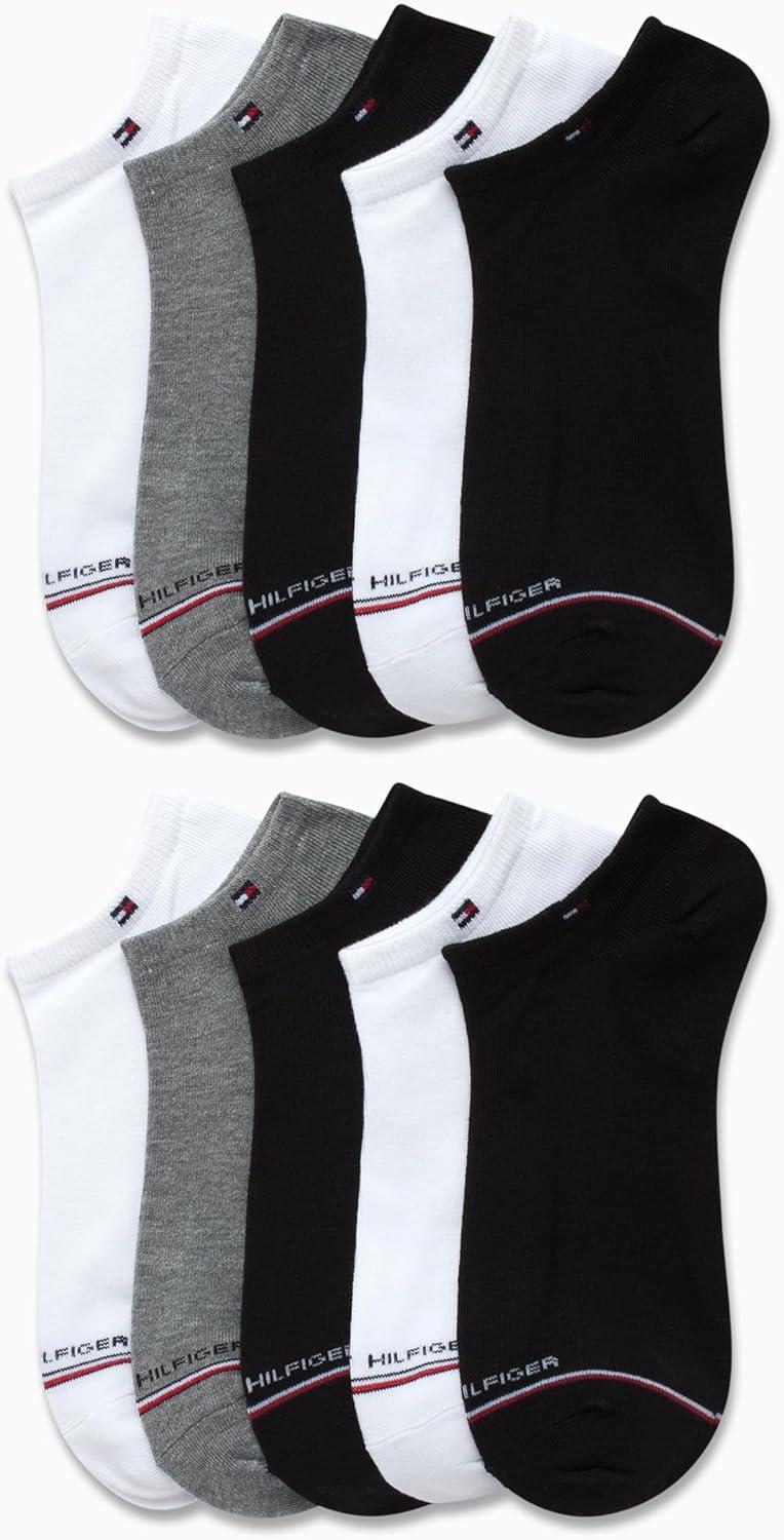 imageTommy Hilfiger Mens No Show Socks 10 Pack Cotton Blend Performance Stretch Athletic Invisible Liner Low Cut Socks for MenBlackWhiteGrey 10pk