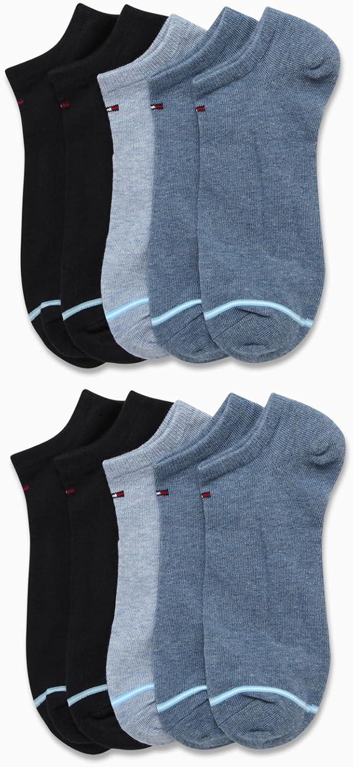 imageTommy Hilfiger Mens No Show Socks 10 Pack Cotton Blend Performance Stretch Athletic Invisible Liner Low Cut Socks for MenBlue Assorted 10pk