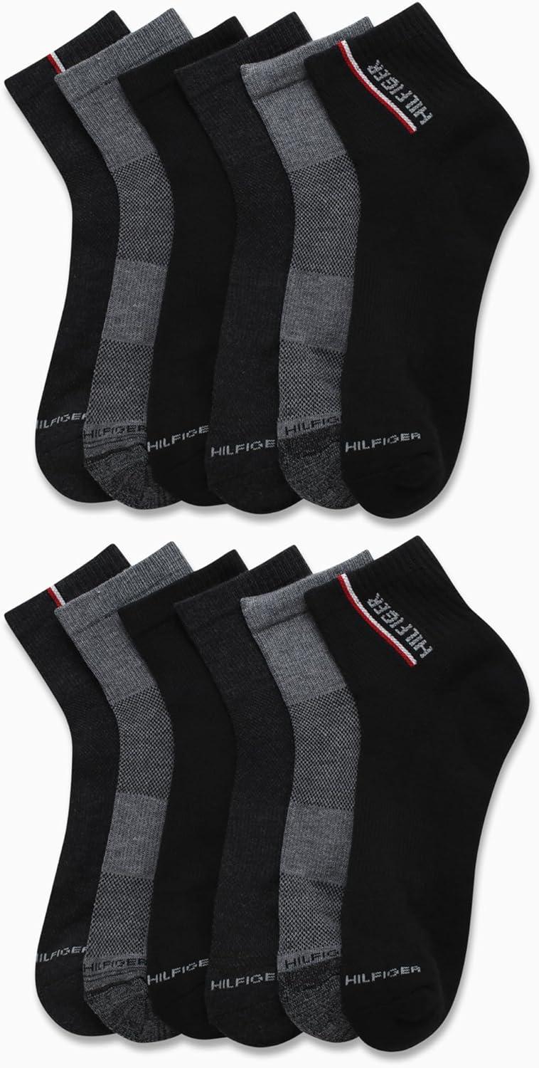 imageTommy Hilfiger Mens Quarter Socks 12 Pack Cotton Blend Athletic Performance Cushioned Ankle Socks for Men with Arch SupportBlack Assorted