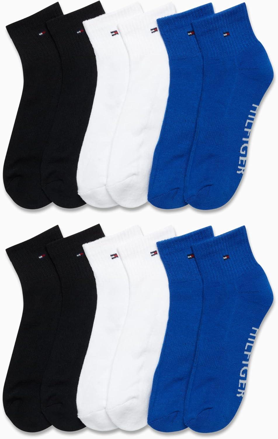 imageTommy Hilfiger Mens Quarter Socks 12 Pack Cotton Blend Athletic Performance Cushioned Ankle Socks for Men with Arch SupportBlue Assorted