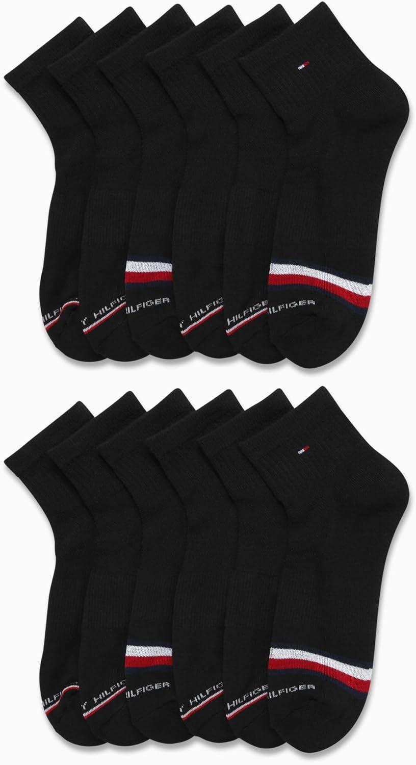 imageTommy Hilfiger Mens Quarter Socks 12 Pack Cotton Blend Athletic Performance Cushioned Ankle Socks for Men with Arch SupportCoal Black