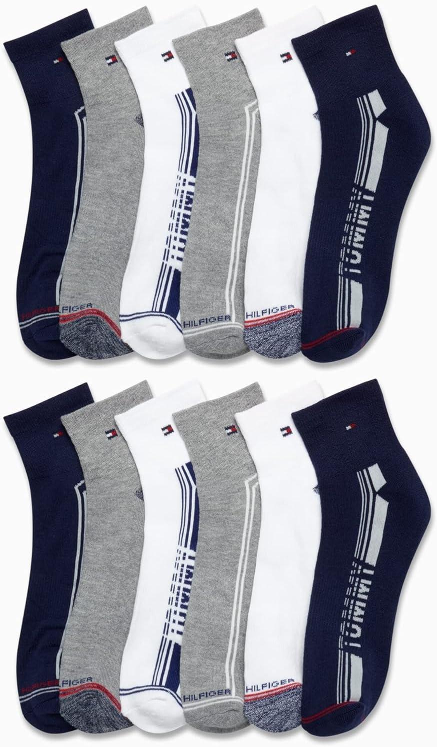 imageTommy Hilfiger Mens Quarter Socks 12 Pack Cotton Blend Athletic Performance Cushioned Ankle Socks for Men with Arch SupportNavy Multi