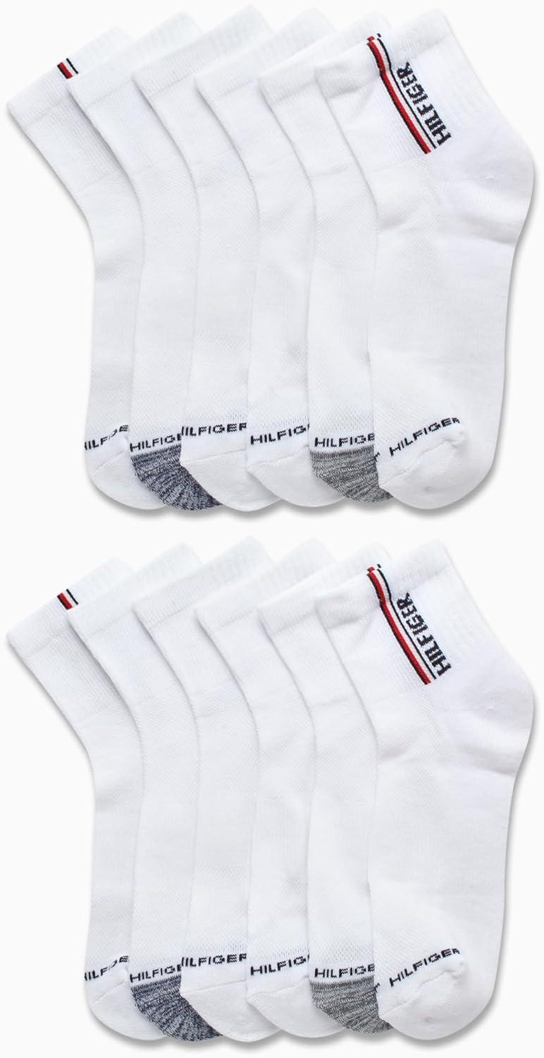 imageTommy Hilfiger Mens Quarter Socks 12 Pack Cotton Blend Athletic Performance Cushioned Ankle Socks for Men with Arch SupportWhite Assorted