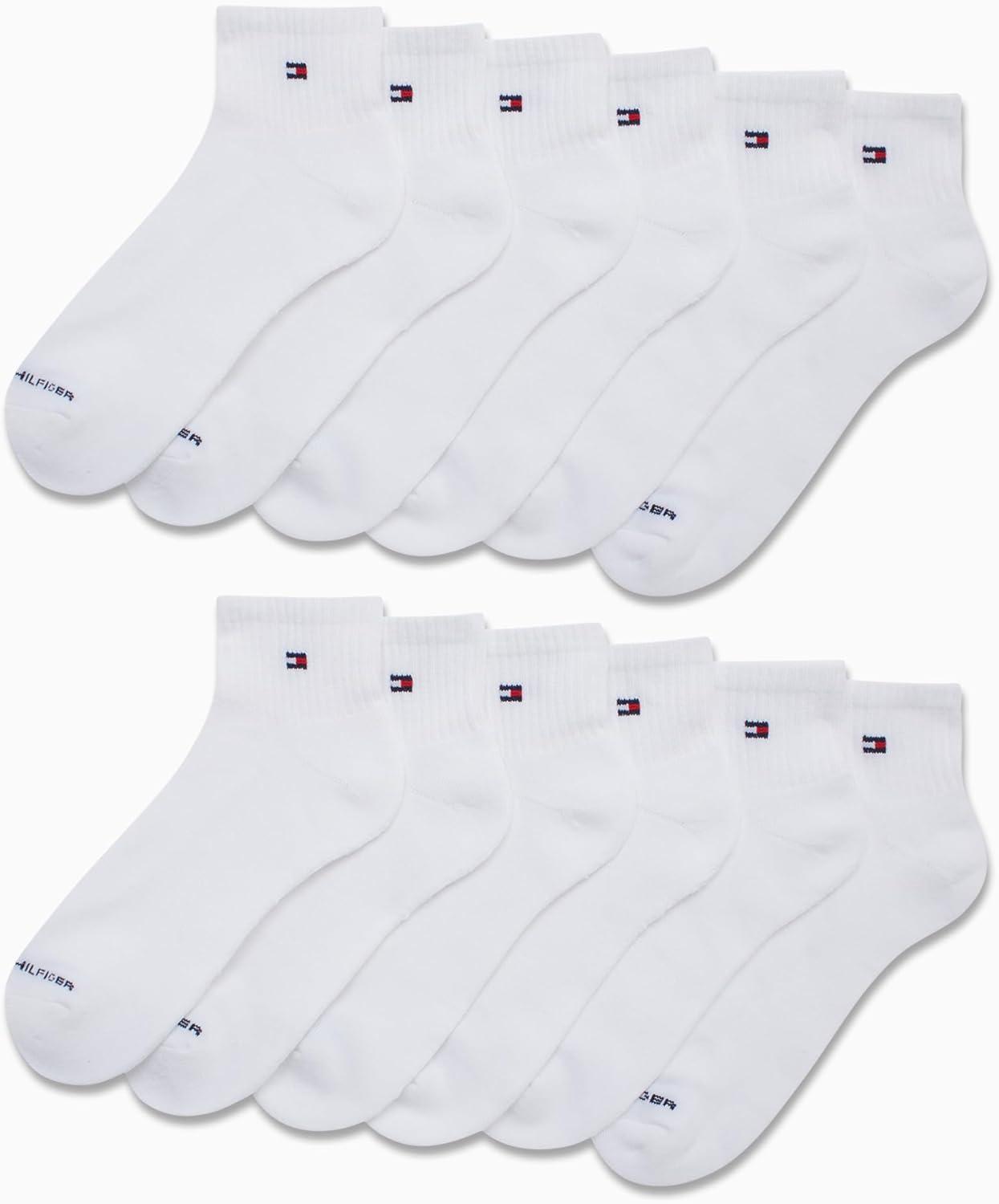 imageTommy Hilfiger Mens Quarter Socks 12 Pack Cotton Blend Athletic Performance Cushioned Ankle Socks for Men with Arch SupportWhite Flag
