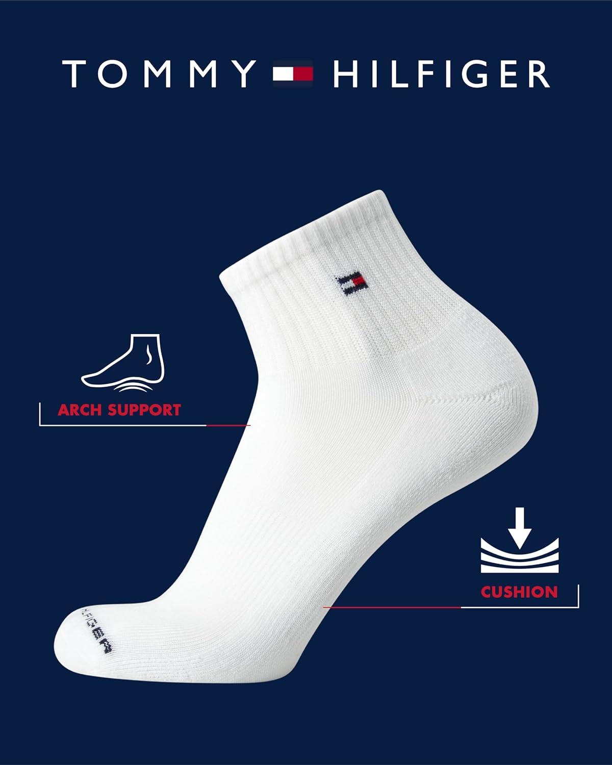 imageTommy Hilfiger Mens Quarter Socks 12 Pack Cotton Blend Athletic Performance Cushioned Ankle Socks for Men with Arch SupportWhite Flag