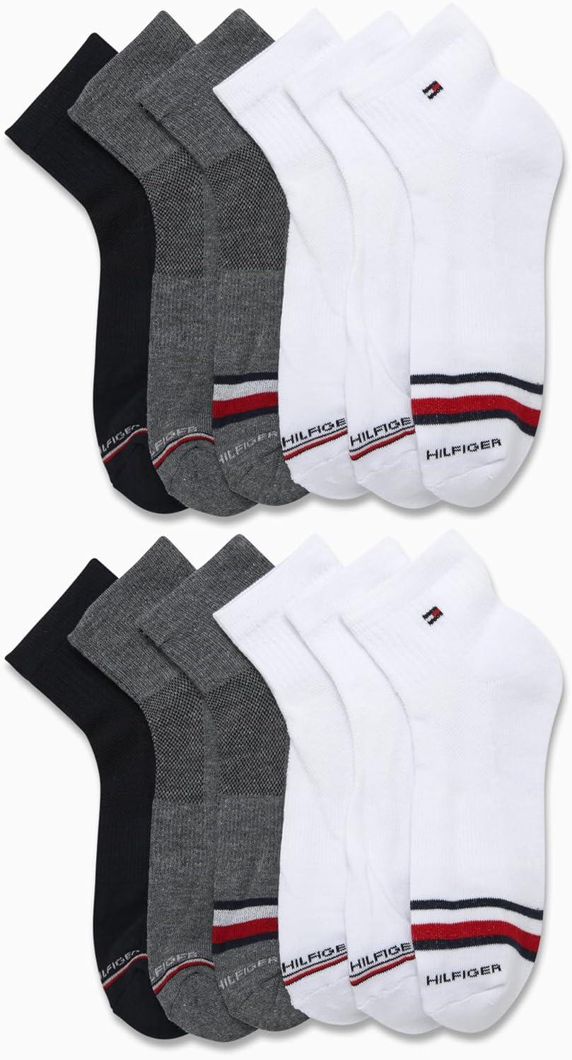 imageTommy Hilfiger Mens Quarter Socks 12 Pack Cotton Blend Athletic Performance Cushioned Ankle Socks for Men with Arch SupportWhite Multi