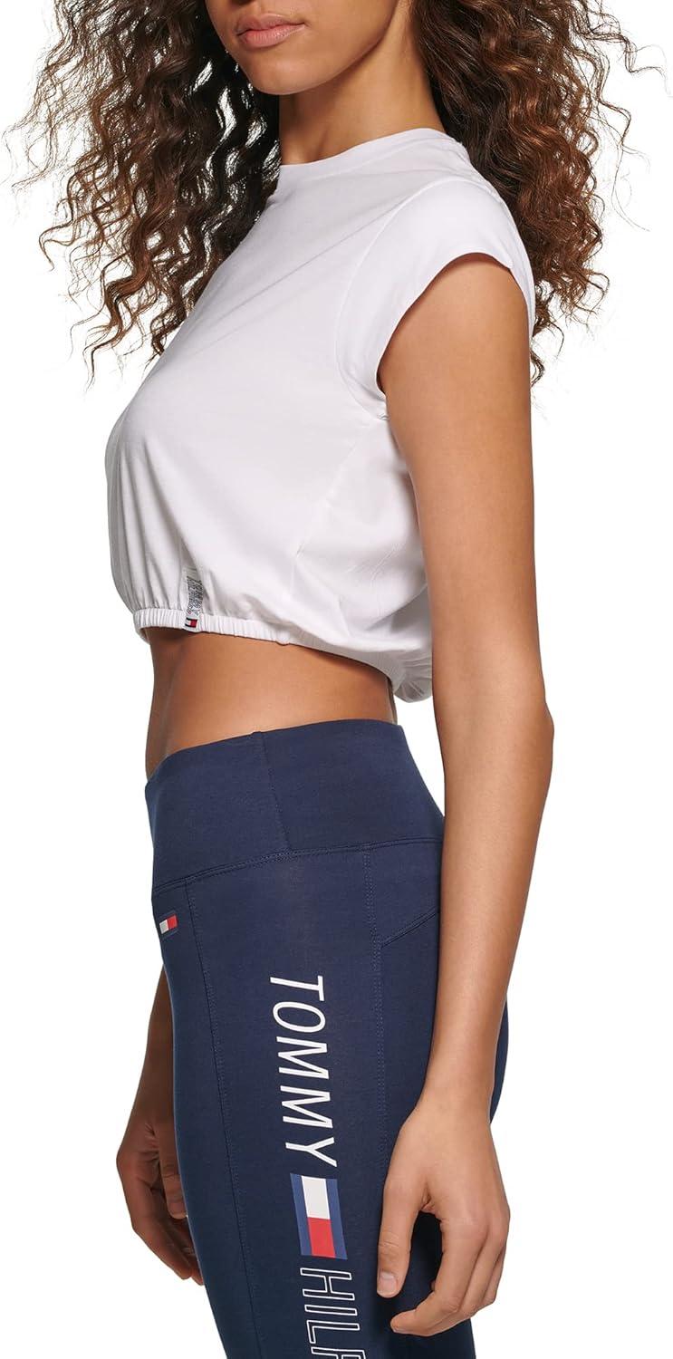 imageTommy Hilfiger Womens Cap Sleeve Crewneck Elastic Waist Cropped TShirtWinter White