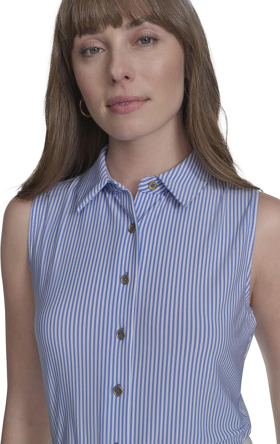 imageTommy Hilfiger Womens Classic Collared Button Front SleevelessKnit TopFrench Blue Ivory