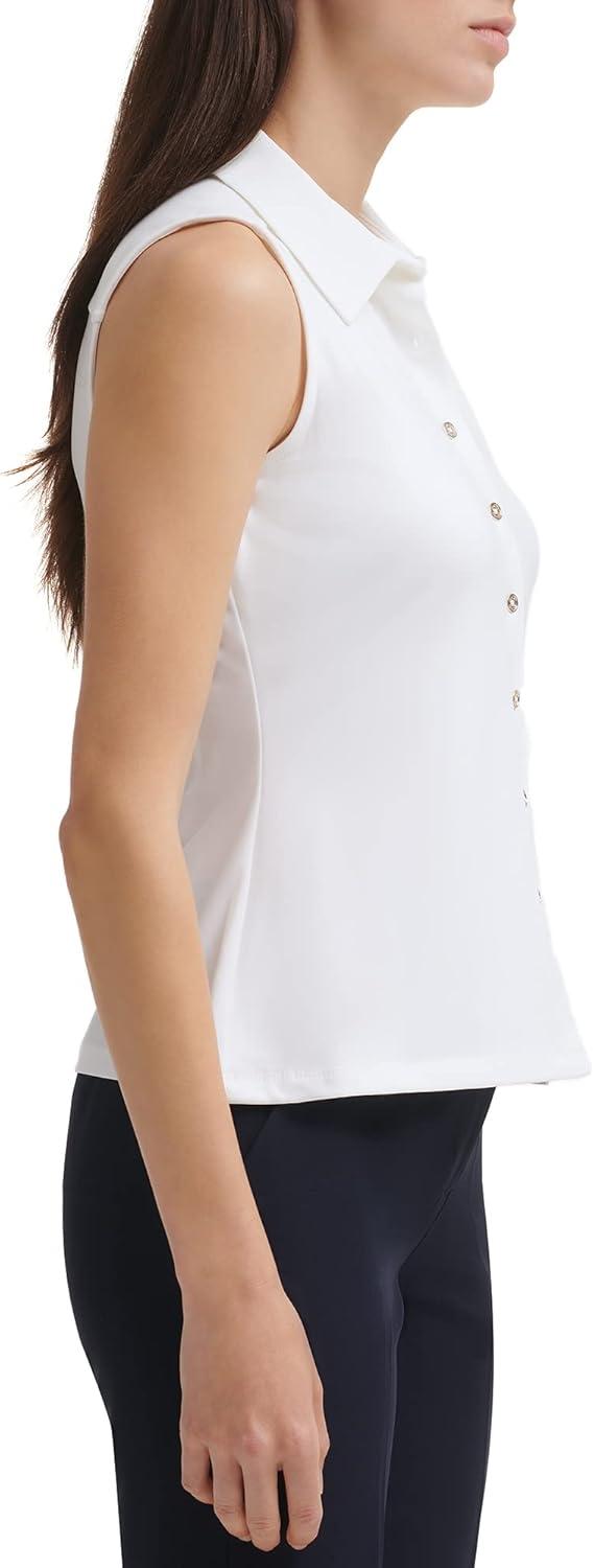 imageTommy Hilfiger Womens Classic Collared Button Front SleevelessKnit TopIvory