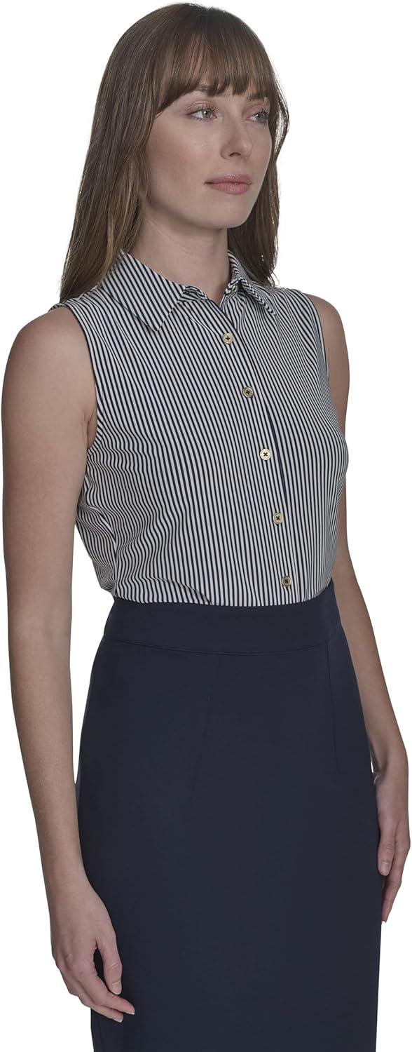 imageTommy Hilfiger Womens Classic Collared Button Front SleevelessKnit TopMidnight Ivory