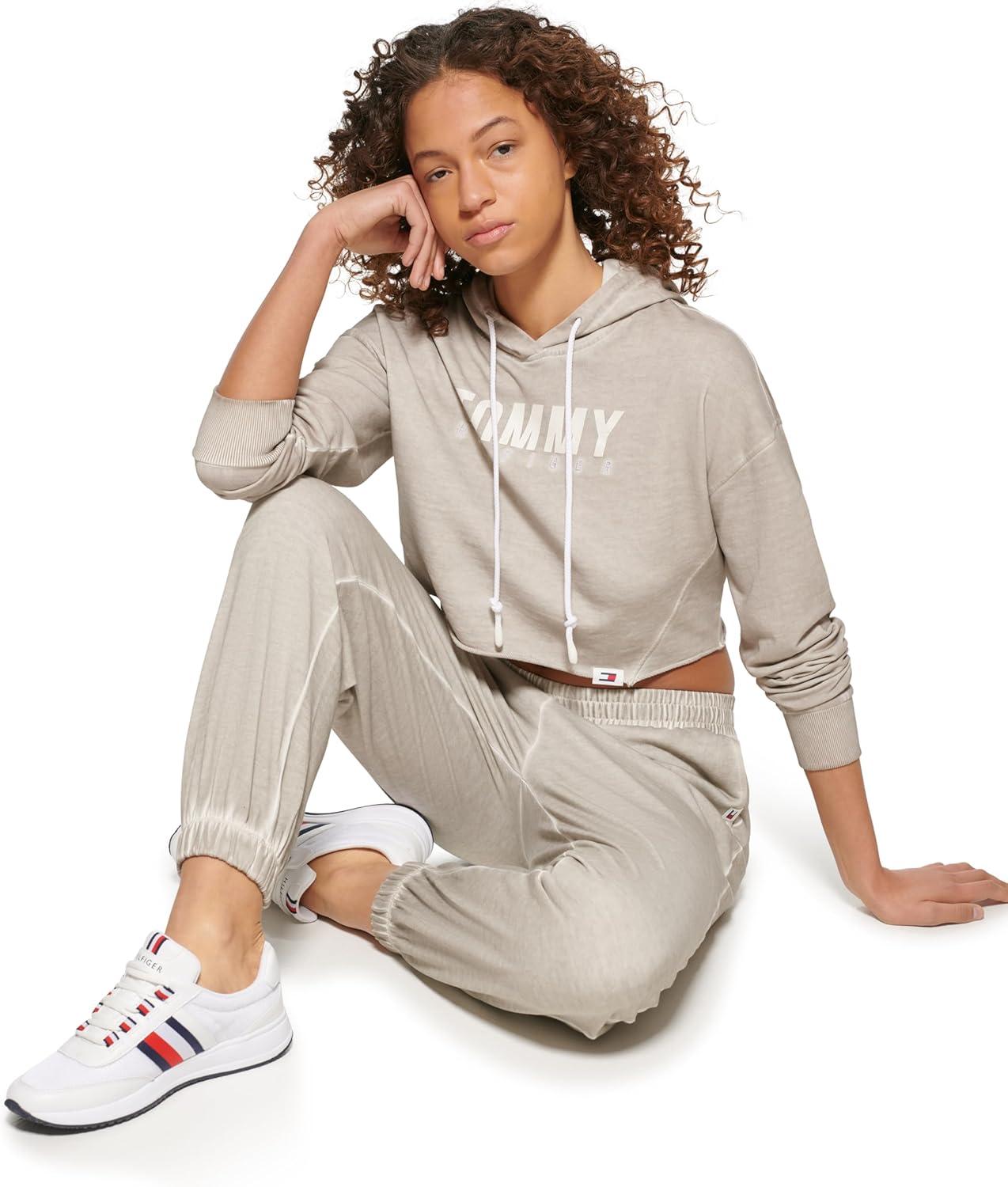 imageTommy Hilfiger Womens Cropped Tied Logo HoodieDoeskin