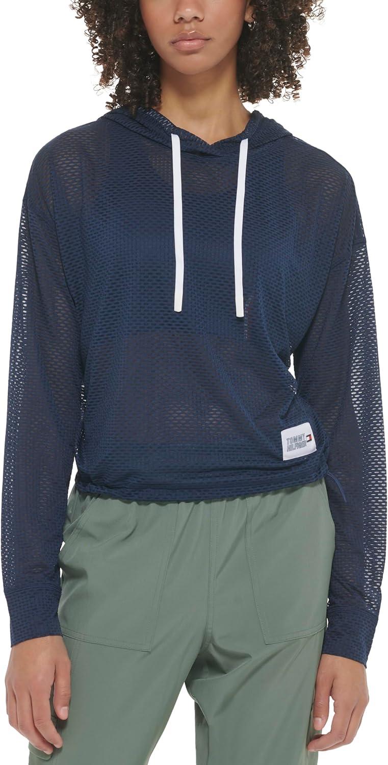 imageTommy Hilfiger Womens Drawcord Diamond Texture Mesh HoodieNavy