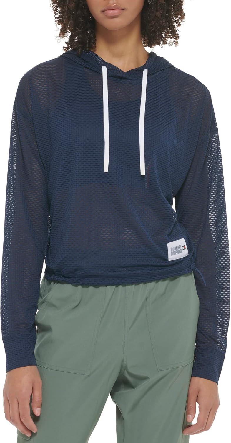 imageTommy Hilfiger Womens Drawcord Diamond Texture Mesh HoodieNavy