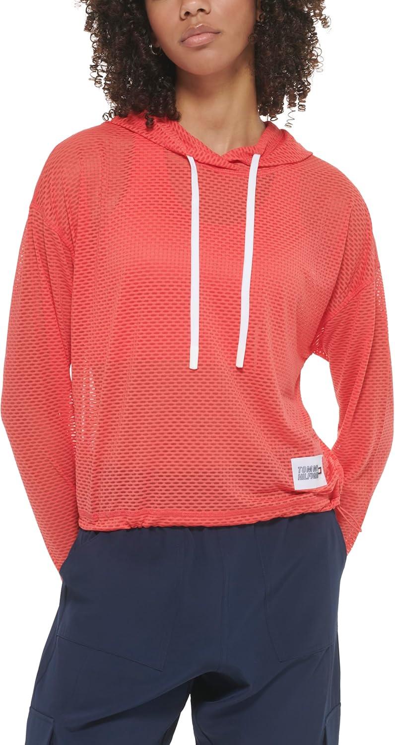 imageTommy Hilfiger Womens Drawcord Diamond Texture Mesh HoodieParadise Pink