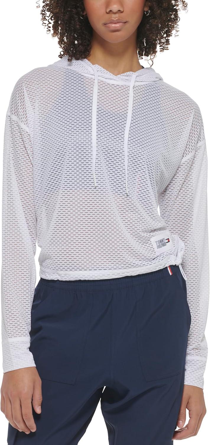 imageTommy Hilfiger Womens Drawcord Diamond Texture Mesh HoodieWhite