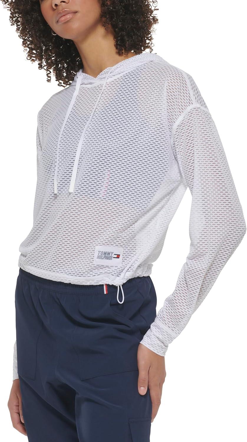 imageTommy Hilfiger Womens Drawcord Diamond Texture Mesh HoodieWhite