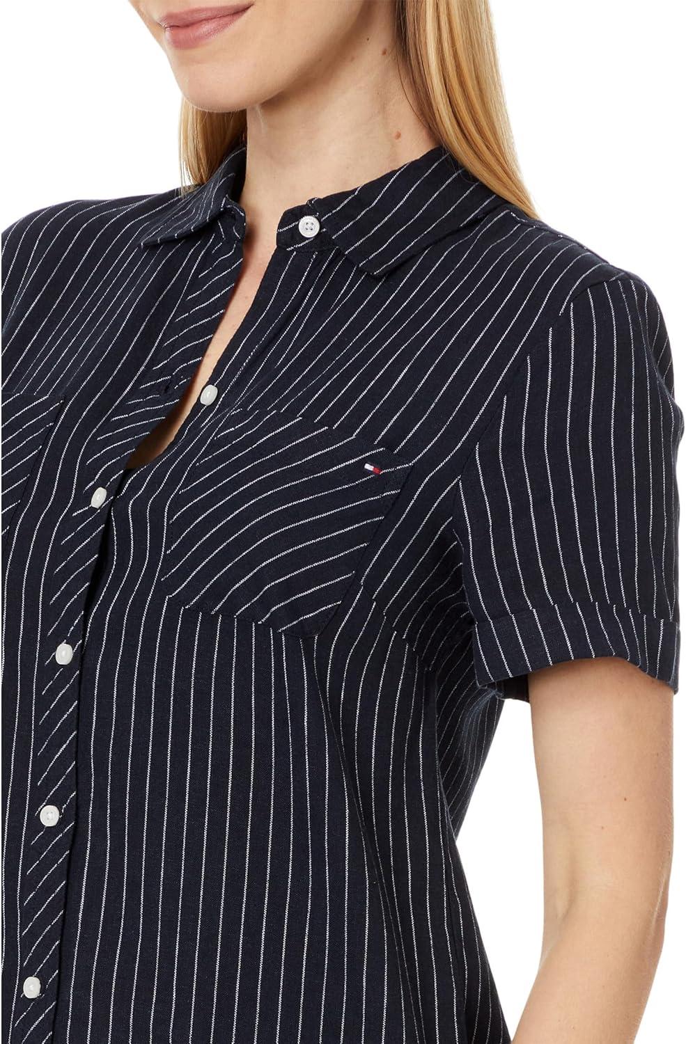 imageTommy Hilfiger Womens Linen Pocket Logo Camp ShirtSky CaptainBright White