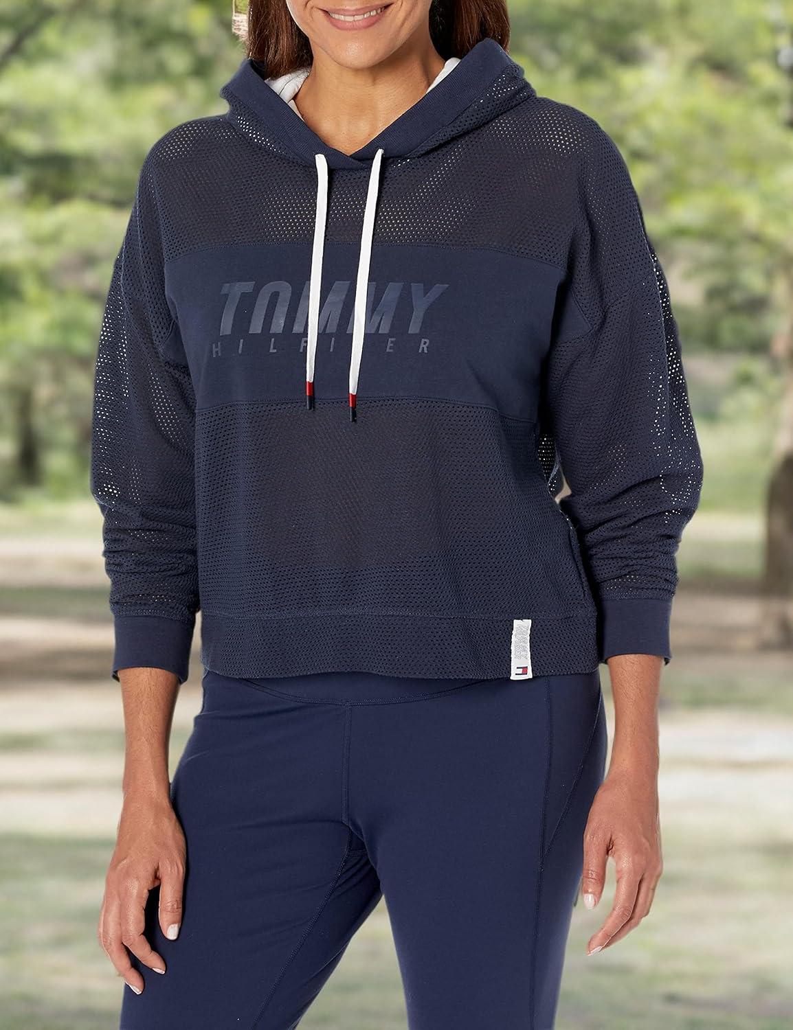 imageTommy Hilfiger Womens Logo Mesh Hoodie SweatshirtNavy