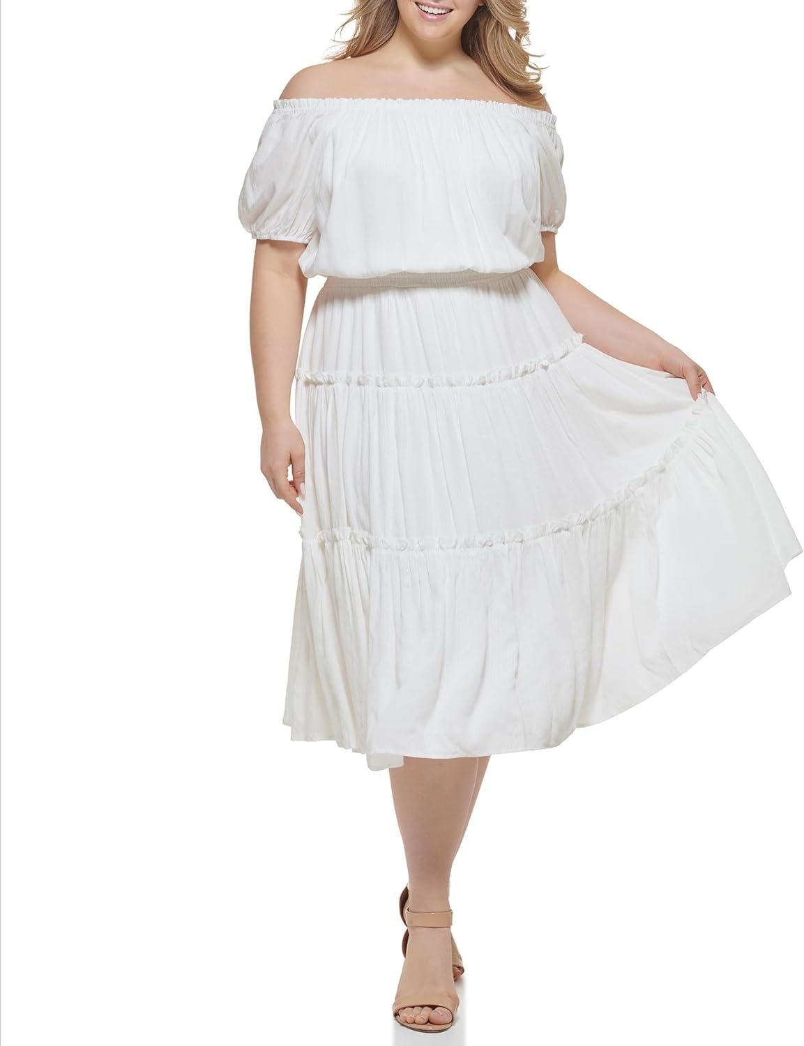 imageTommy Hilfiger Womens Off The Shoulder Chiffon Midi DressIvory