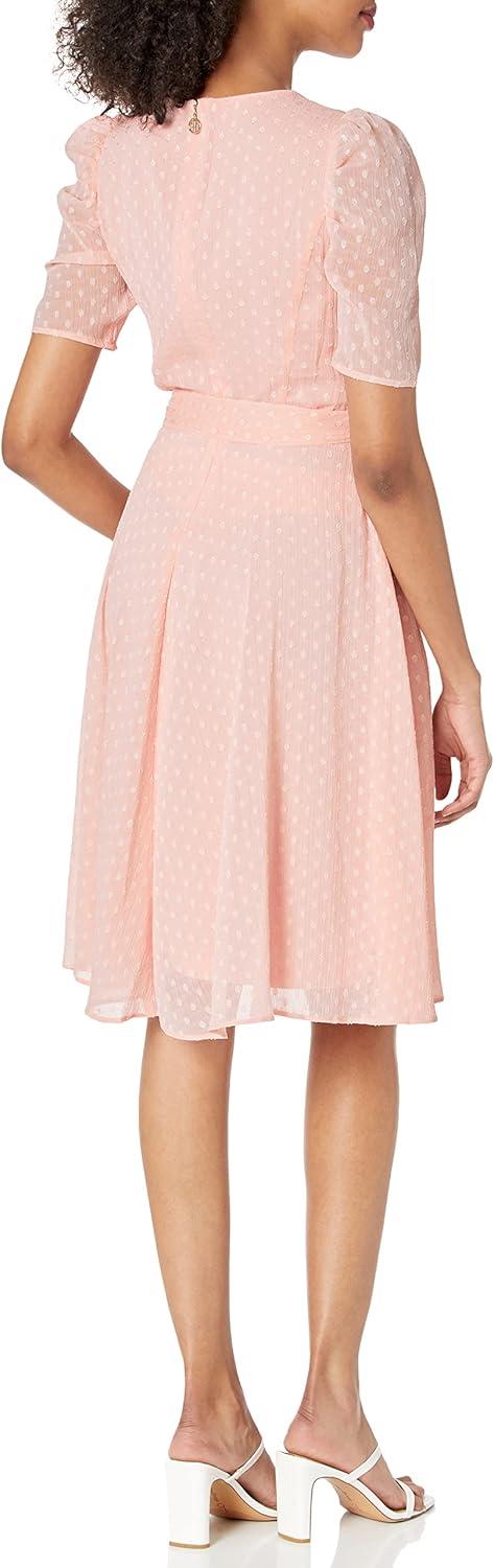 imageTommy Hilfiger Womens Puff Sleeve VNeck Tie Waist Chiffon Mini DressBallrina Pink