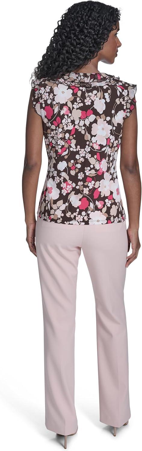 imageTommy Hilfiger Womens Sleeveless Mix Media Ruffle Front BlouseChicory Multi