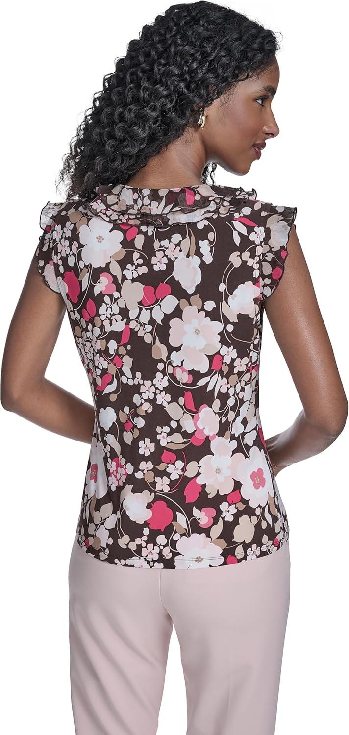 imageTommy Hilfiger Womens Sleeveless Mix Media Ruffle Front BlouseChicory Multi