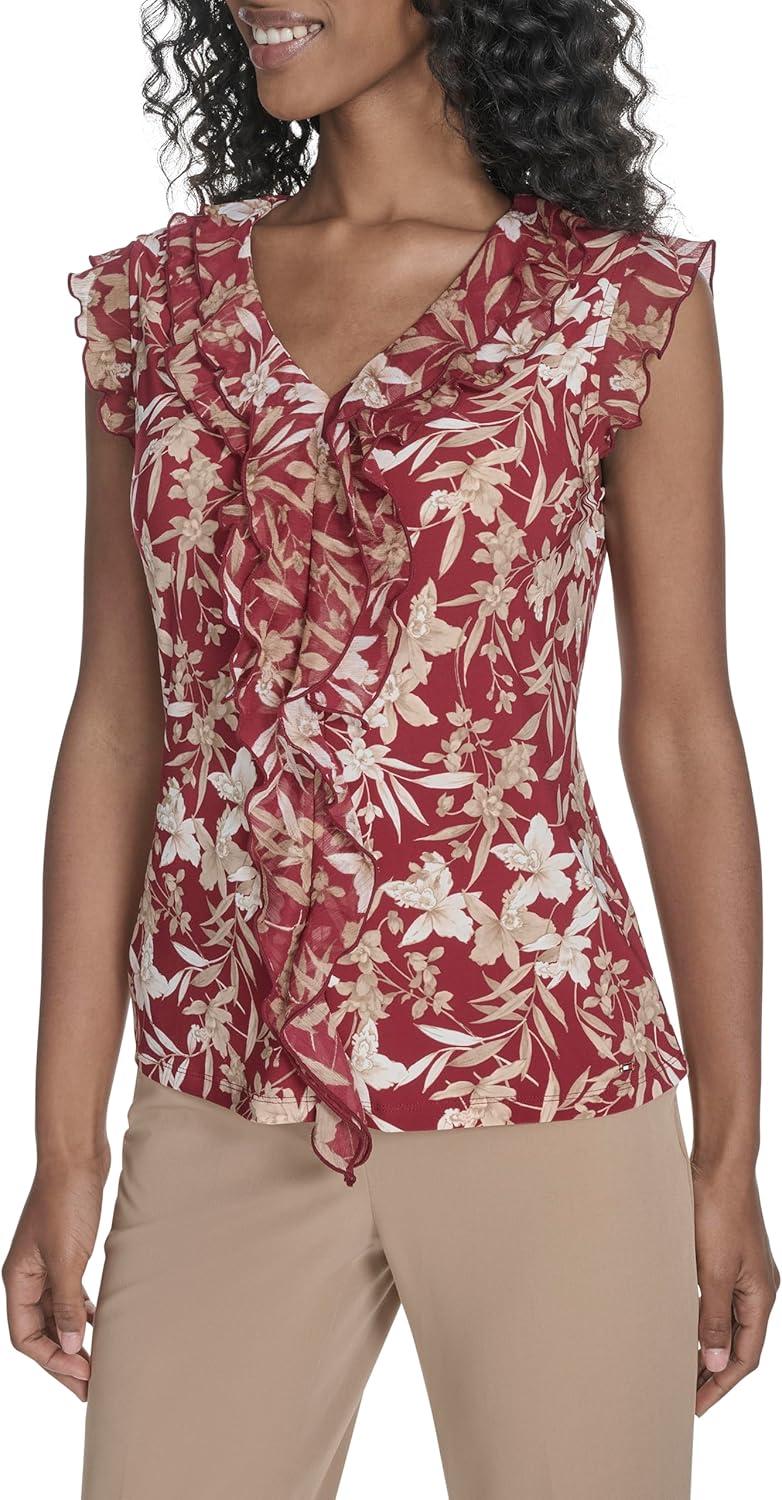 imageTommy Hilfiger Womens Sleeveless Mix Media Ruffle Front BlouseCrimsonTigers Eye