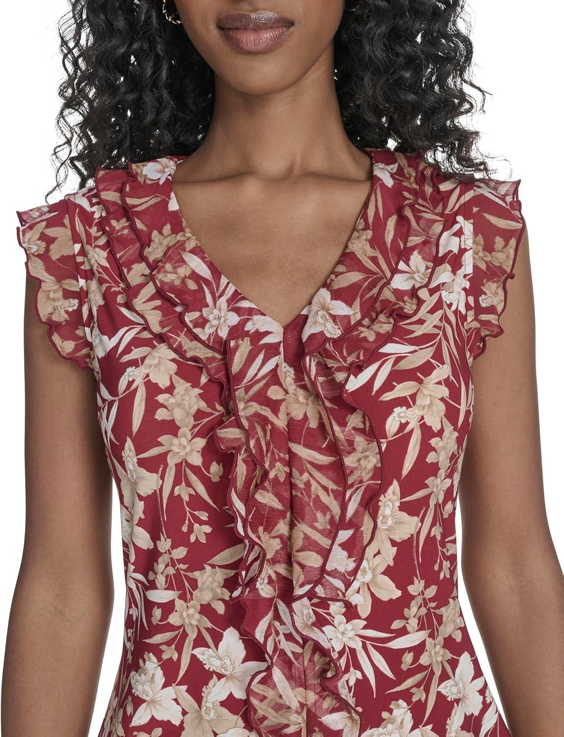 imageTommy Hilfiger Womens Sleeveless Mix Media Ruffle Front BlouseCrimsonTigers Eye