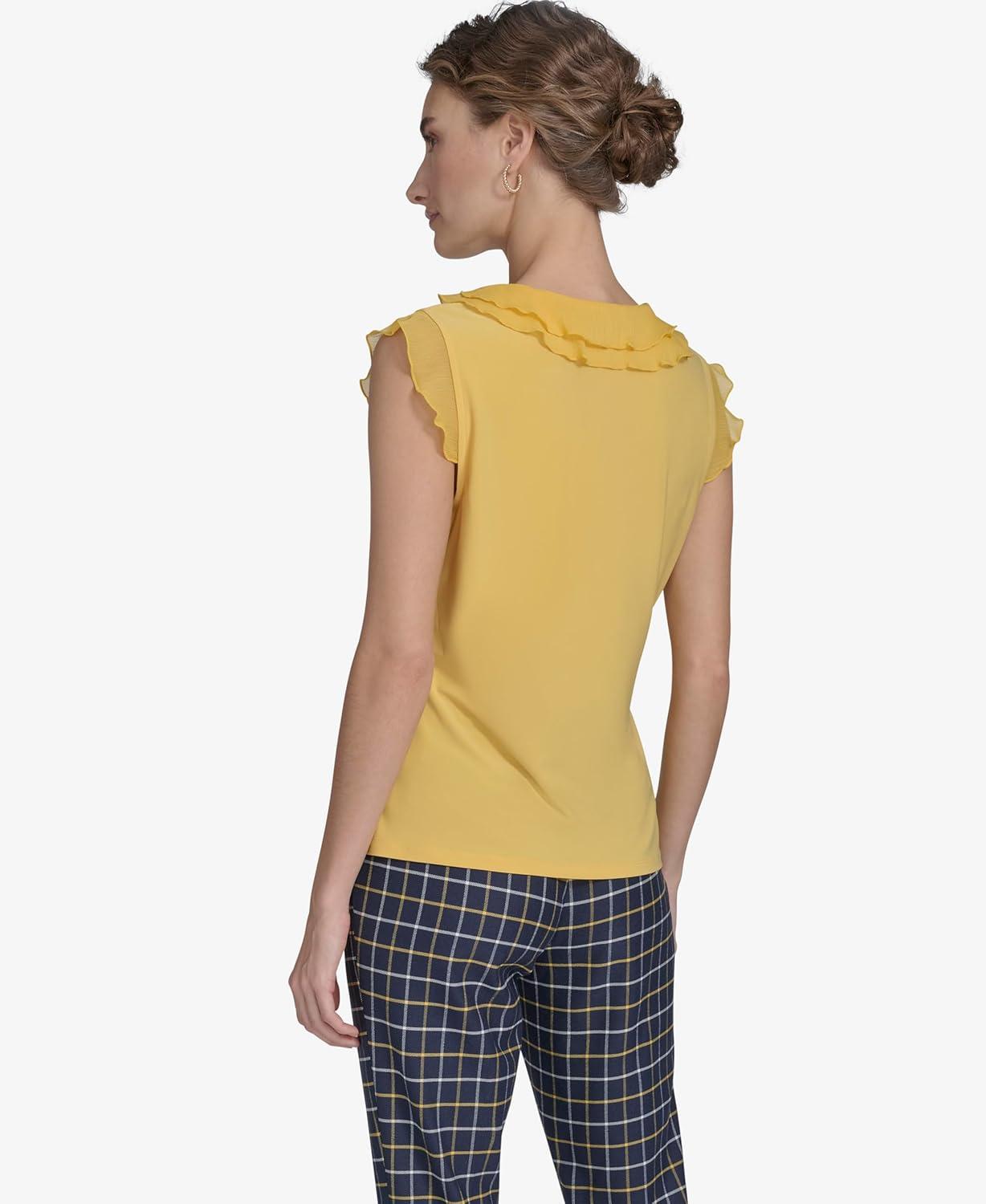 imageTommy Hilfiger Womens Sleeveless Mix Media Ruffle Front BlouseDeep Maize