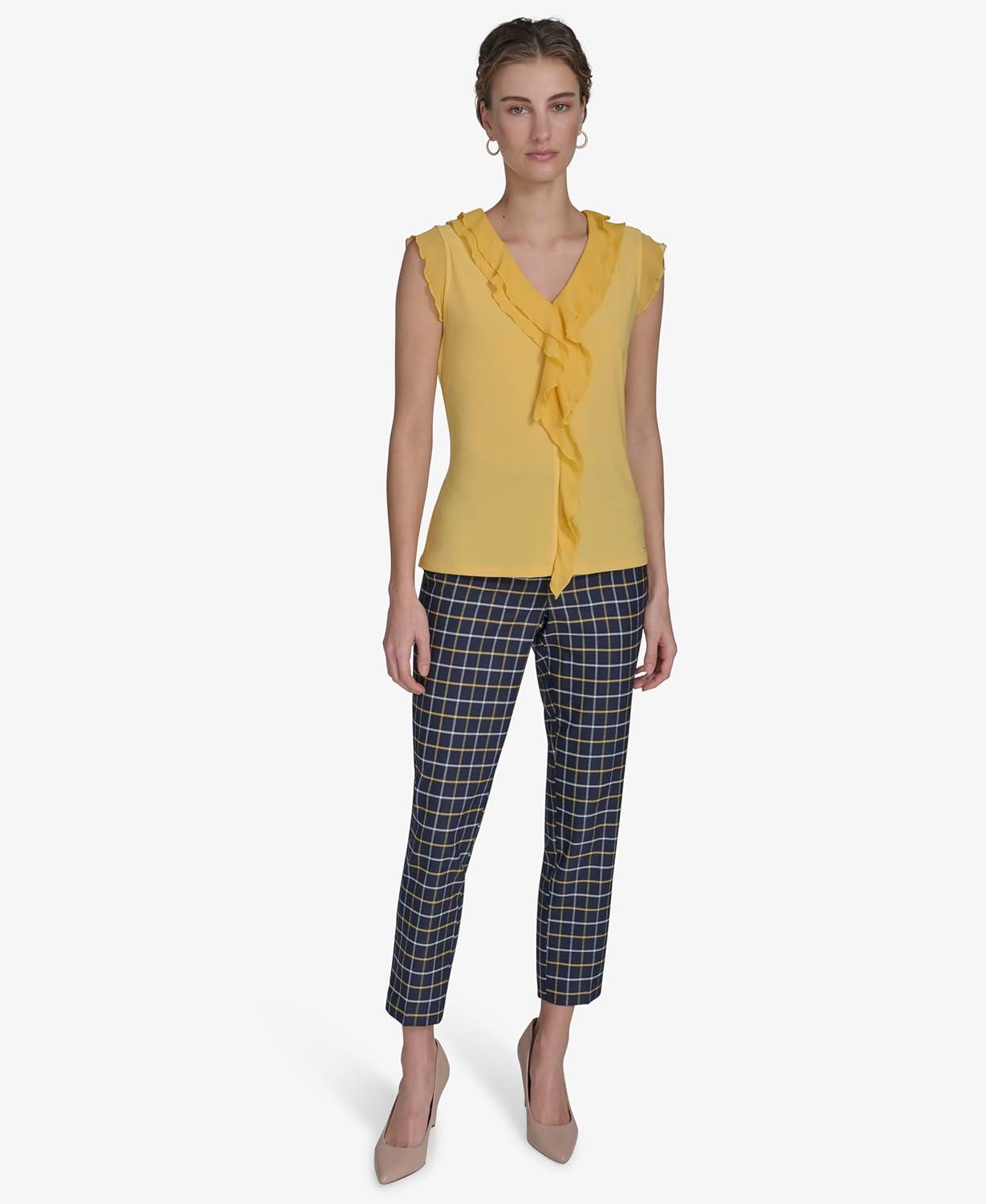 imageTommy Hilfiger Womens Sleeveless Mix Media Ruffle Front BlouseDeep Maize