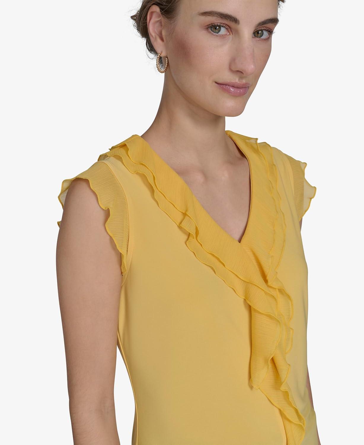 imageTommy Hilfiger Womens Sleeveless Mix Media Ruffle Front BlouseDeep Maize