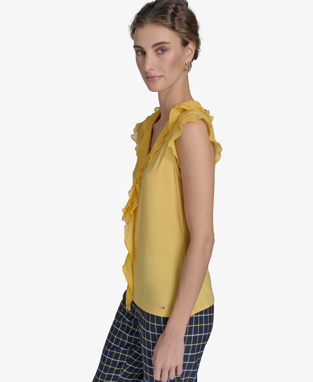imageTommy Hilfiger Womens Sleeveless Mix Media Ruffle Front BlouseDeep Maize