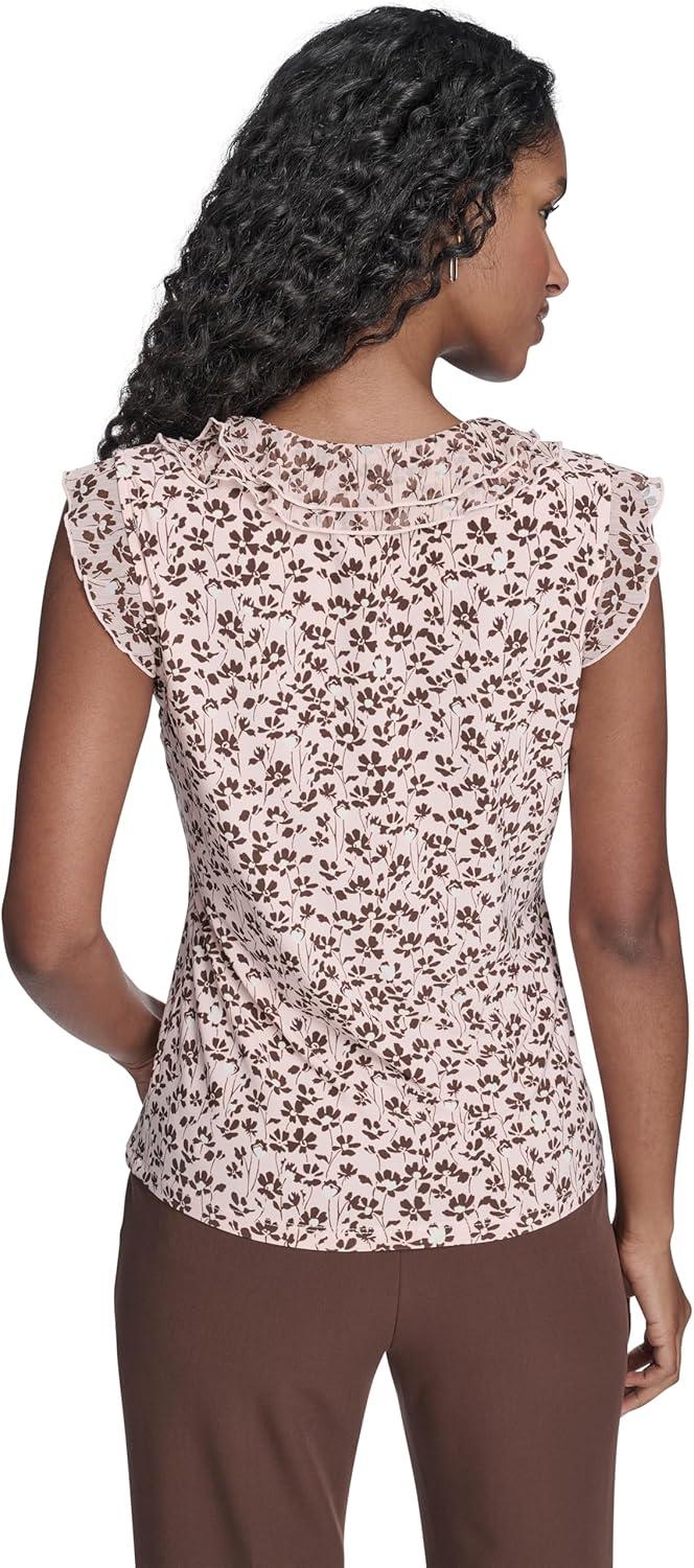 imageTommy Hilfiger Womens Sleeveless Mix Media Ruffle Front BlouseEvening Sand Multi
