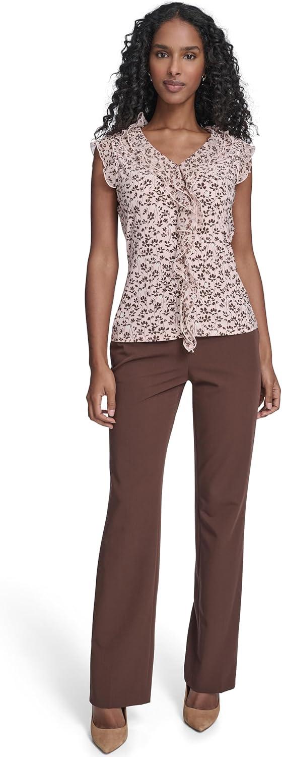 imageTommy Hilfiger Womens Sleeveless Mix Media Ruffle Front BlouseEvening Sand Multi