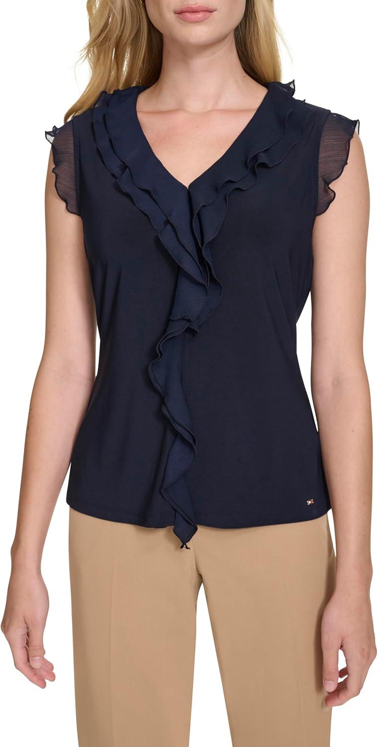 imageTommy Hilfiger Womens Sleeveless Mix Media Ruffle Front BlouseMidnight