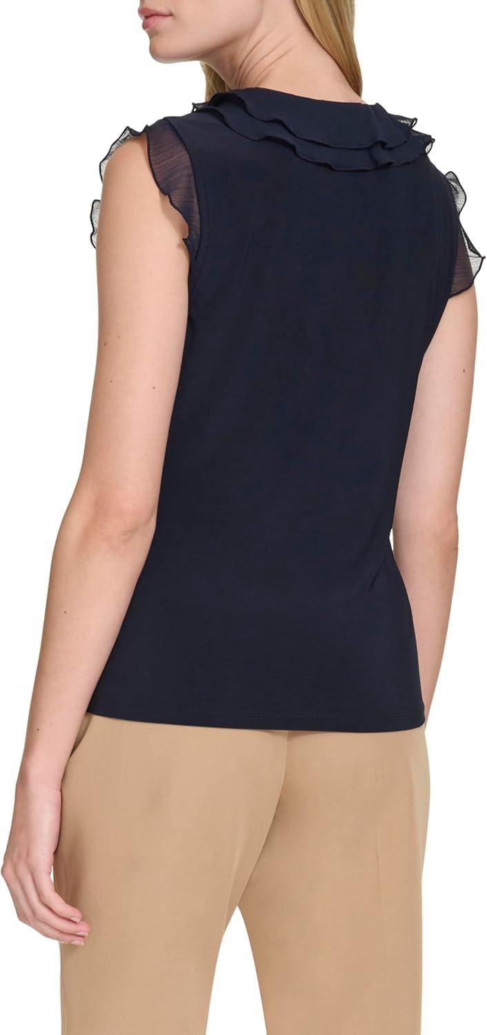 imageTommy Hilfiger Womens Sleeveless Mix Media Ruffle Front BlouseMidnight