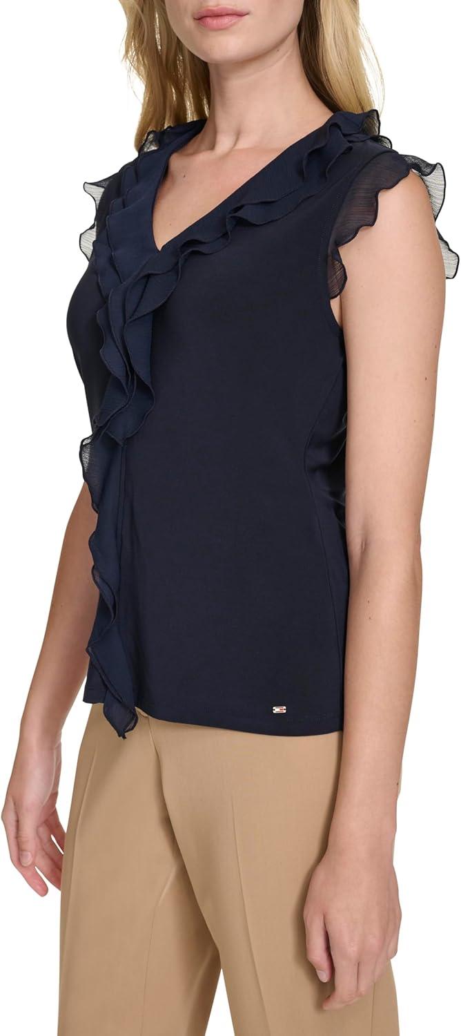 imageTommy Hilfiger Womens Sleeveless Mix Media Ruffle Front BlouseMidnight
