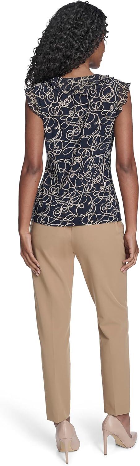 imageTommy Hilfiger Womens Sleeveless Mix Media Ruffle Front BlouseMidnight Irish Cream