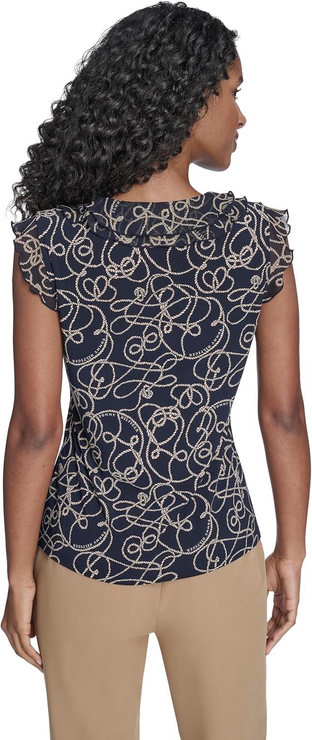 imageTommy Hilfiger Womens Sleeveless Mix Media Ruffle Front BlouseMidnight Irish Cream