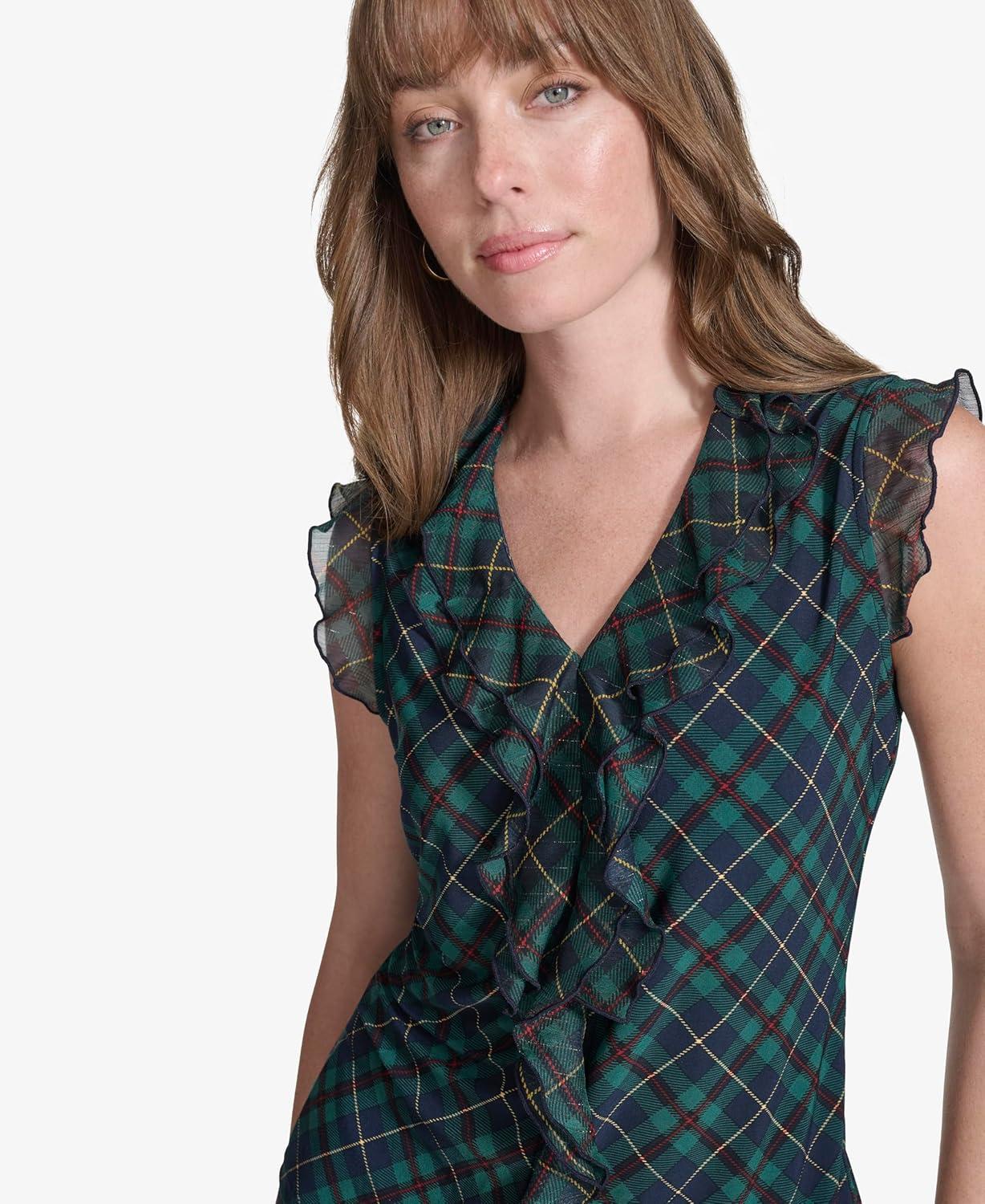imageTommy Hilfiger Womens Sleeveless Mix Media Ruffle Front BlouseMidnightForest
