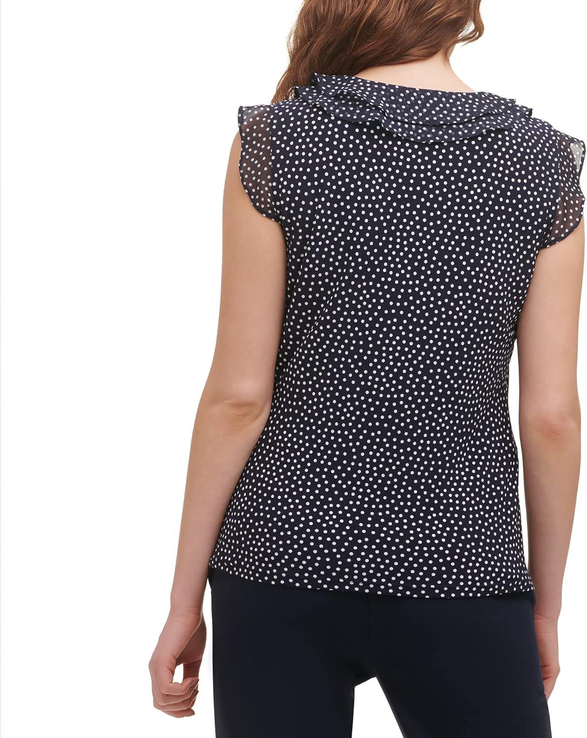 imageTommy Hilfiger Womens Sleeveless Mix Media Ruffle Front BlouseMidnightIvoryPolka Dots