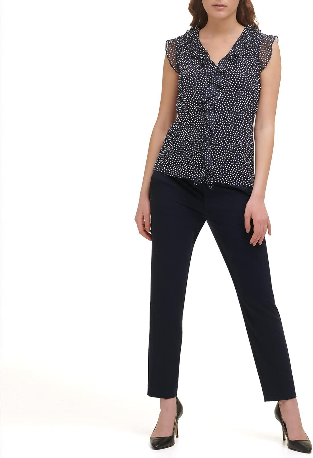 imageTommy Hilfiger Womens Sleeveless Mix Media Ruffle Front BlouseMidnightIvoryPolka Dots