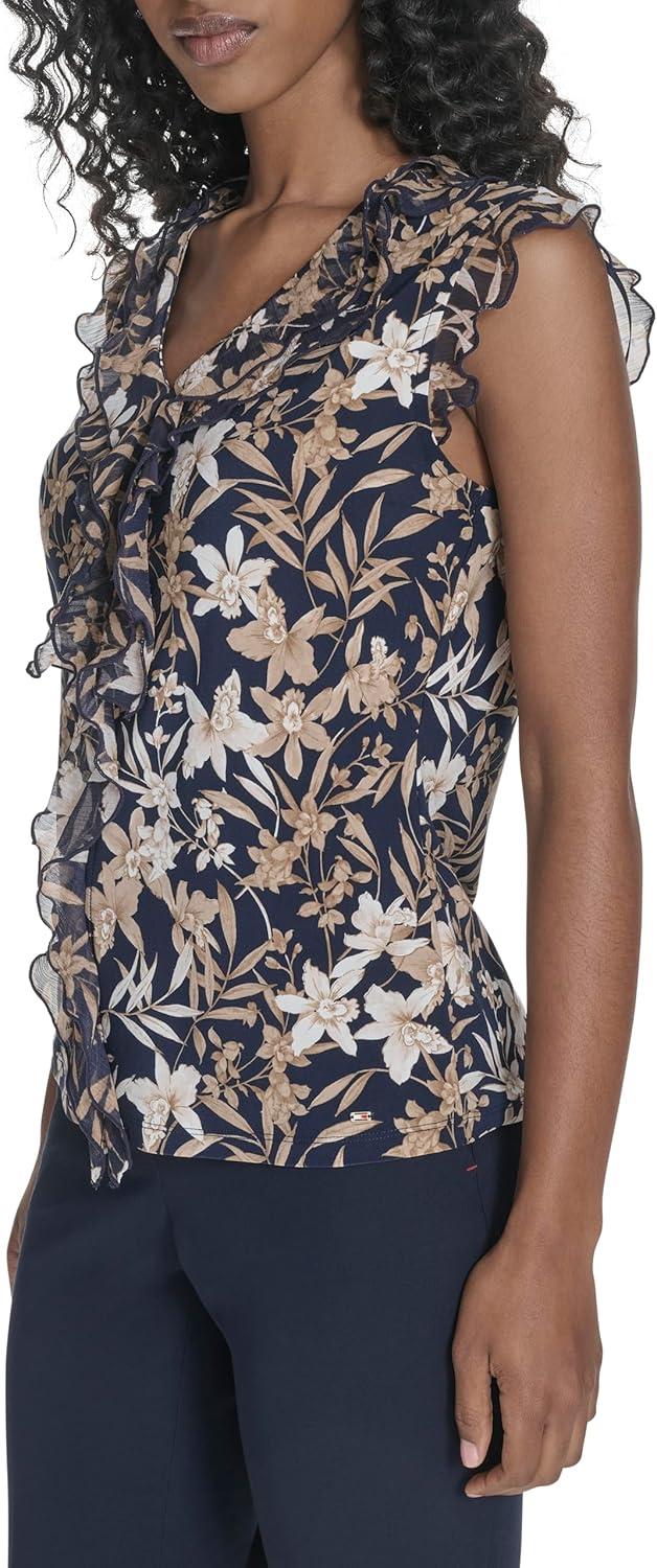 imageTommy Hilfiger Womens Sleeveless Mix Media Ruffle Front BlouseMidnightTigers Eye
